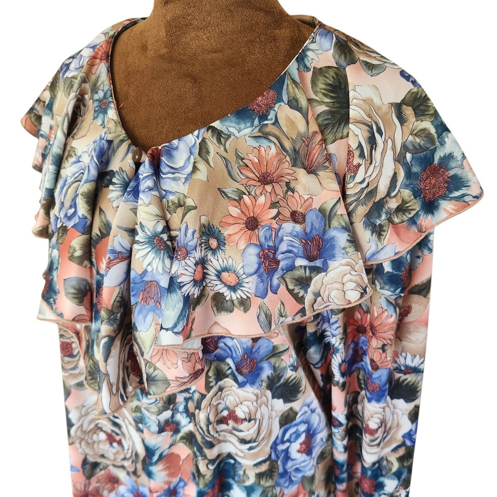 VTG 80s JoRo Fashions Floral Midi Dress Ruffle Bib Collar Made in USA Size 14 - Picture 2 of 8